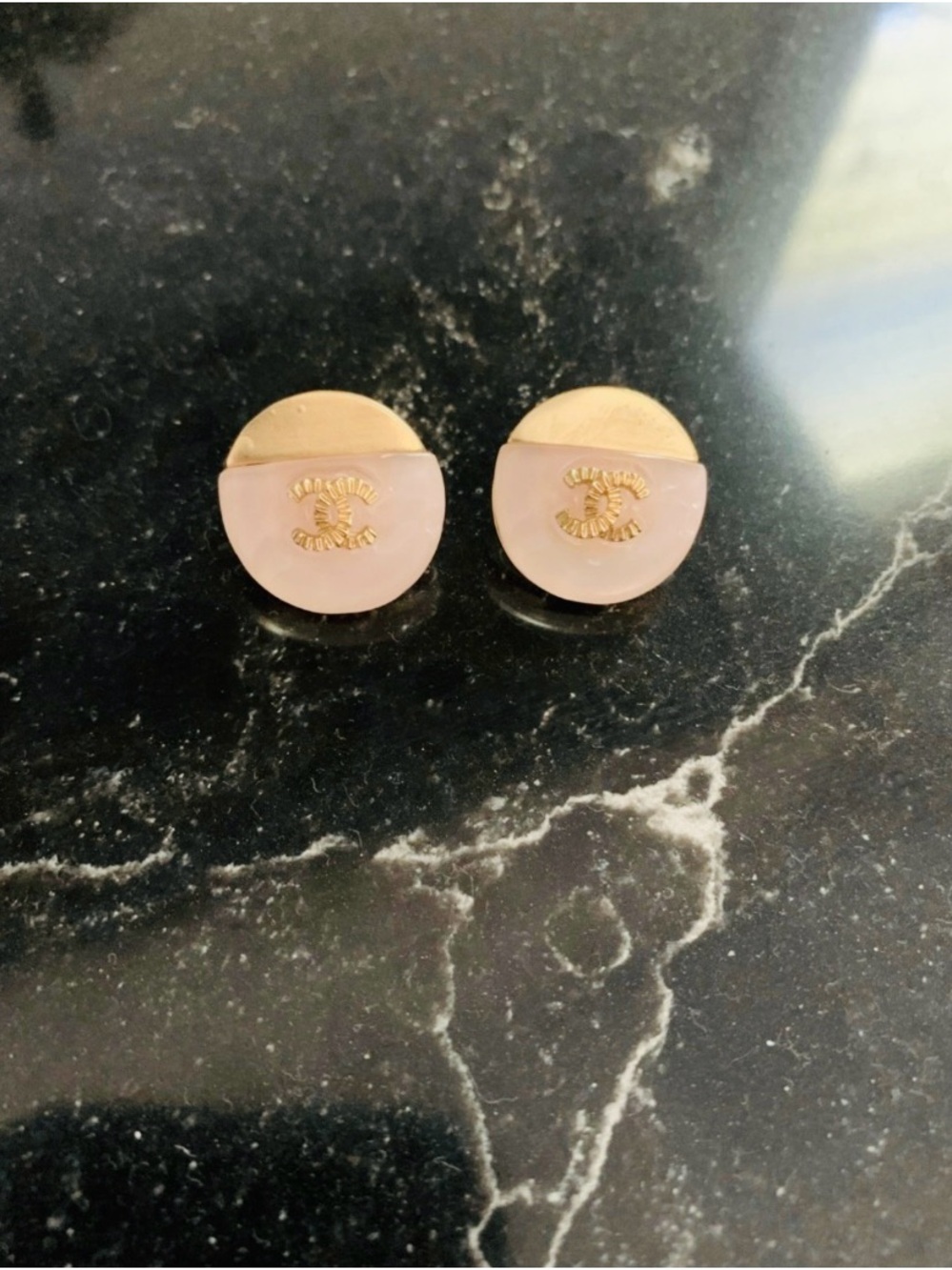 CHANEL Gold and Cream & Gold Round CC Stud Earrings